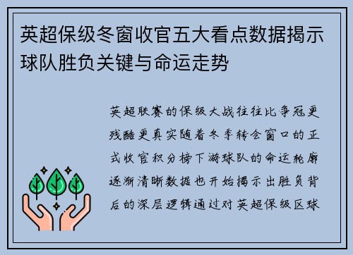 英超保级冬窗收官五大看点数据揭示球队胜负关键与命运走势 英超保级冬窗收官五大看点数据揭示球队胜负关键与命运走势